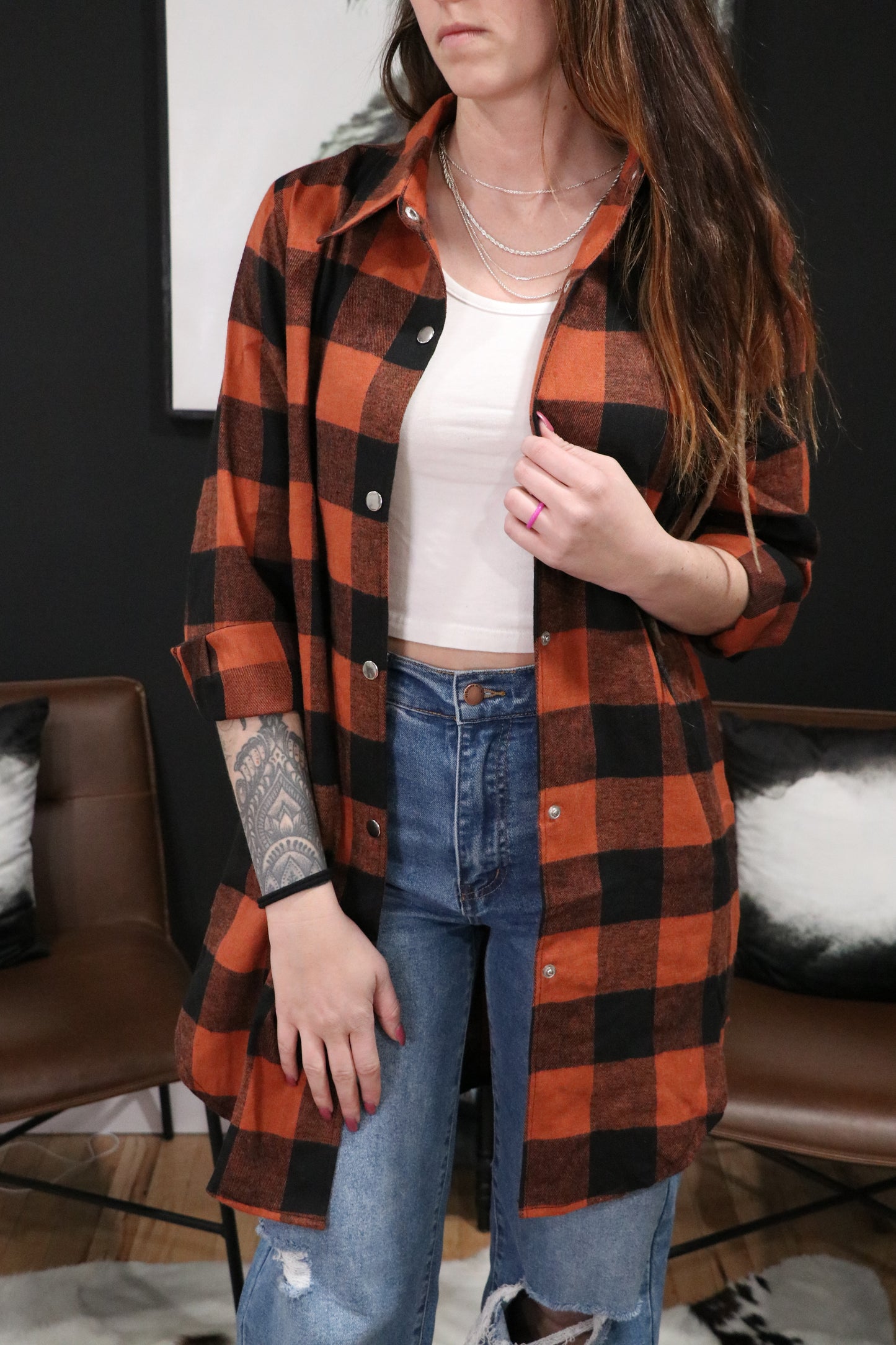 Turn-down Collar Plaid Shirt Cardigan