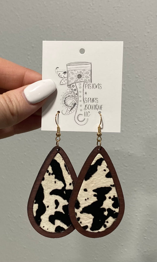 Cow Hair On Leather Wooden Earrings